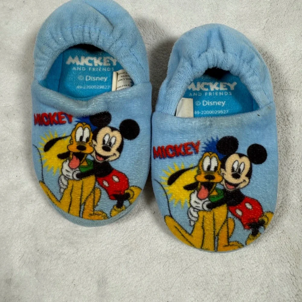 Disney Mickey Mouse Pluto Kids Blue Plush Slippers Size 7/8 House Shoes Aldi